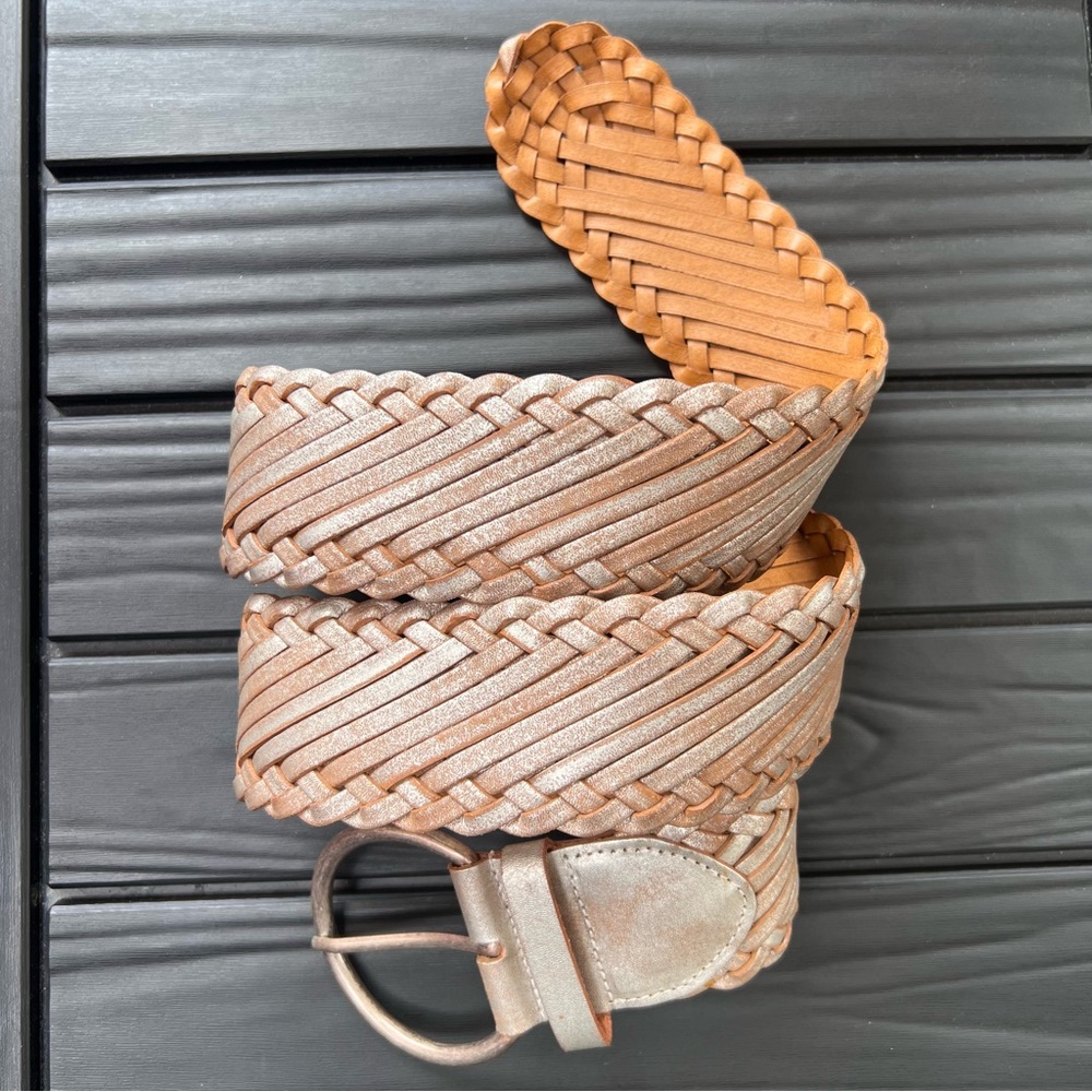 Another Line Leather Braided Belt XL Sz Tan Silver Adjustable Rustic Boho 43”